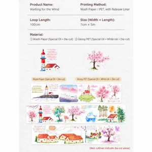 Decorative washi tape with scenic landscape design, 7cm wide and 5m long, perfect for journaling.