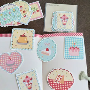 Pixel art dessert sticky notes memo pads, cute kawaii stationery for bullet journal planning.