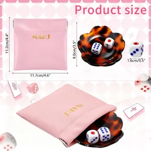 Acryl schildpad mahjong dobbelsteen bak set met roze opbergtas, compacte afmetingen.