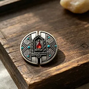 Spilla rotonda in metallo in stile tibetano vintage con pietra rossa e turchese per giacche.