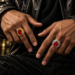 Detailed close-up of men vintage gothic style red gemstone carved wide band statement rings.