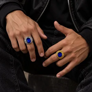 Vintage hip hop oval blue gem wide carved rings for men, cool statement index finger jewelry.