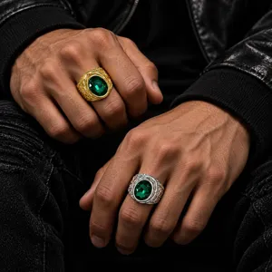 Retro hip hop carved wide green gemstone ring for men, vintage index finger metal jewelry.