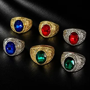 Vintage hip hop style men wide carved ring with oval colored gemstone detail view.
