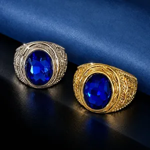 Vintage Hip Hop Oval Rhinestone Inlaid Carved Wide Band Ring For Men Copper Electroplated Personalized Finger Ring Gold Silver Jewelry