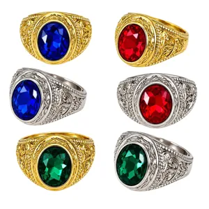Retro hip-hop oval colored gemstone carved wide ring for men statement jewelry wholesale.