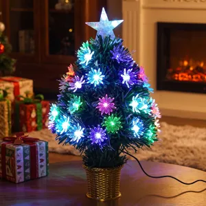 Árbol de navidad de fibra óptica colorida con estrella brillante y luces para decoración.