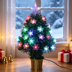 Árbol de Navidad de mesa de fibra óptica con luces LED coloridas y una estrella superior.
