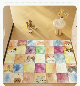Detailed view of colorful cartoon cat patterned doormat in entryway hallway setup