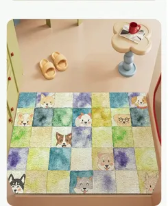 Detailed view of the cute watercolor cartoon dog patterned entryway doormat, non-slip home rug.