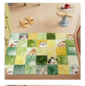 Cute cartoon dog patterned green yellow checkered floor mat detail view for home entrance.