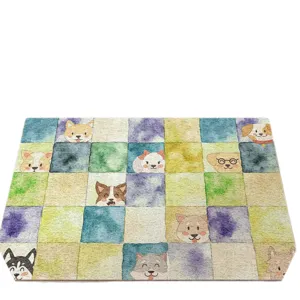 Cute cartoon watercolor dog entrance doormat, colorful plaid anti-slip home floor mat.