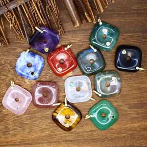 Natural Stone Square Peace Buckle Pendant Rhinestone Inlaid Crystal Agate Literary Retro Style Jewelry Gifts For Women