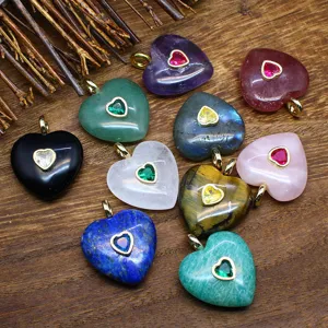 Pendentif en Pierre Naturelle en Forme de Coeur Avec Incrustation de Zirconia Cristal de Quartz Rose Améthyste pour Collier Femme