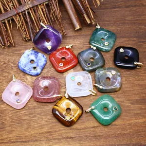 Natural stone square pendant necklace multi-color crystal zircon inlaid fashion jewelry.