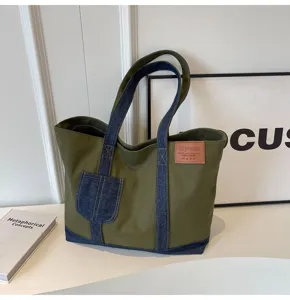 Τσάντα shopper από τζιν και καμβά patchwork, μεγάλη casual τσάντα ώμου για γυναίκες.