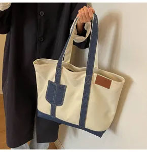 Casual τσάντα tote από καμβά με patchwork denim για γυναίκες, μεγάλη τσάντα ώμου καθημερινής