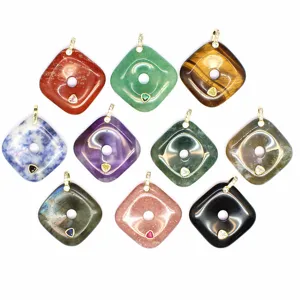 Natural stone square huai gu pendant gemstone crystal jewelry details with colorful stones.