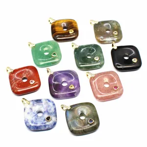 Natural stone square pendant necklace charm, vintage style jade bi disc with cubic zirconia detail.