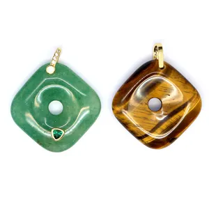 Natural stone square pendant necklace jewelry set, elegant retro green aventurine tiger eye charm.