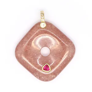 Natural stone square peace buckle pendant with sparkling cubic zirconia and red gem accent.