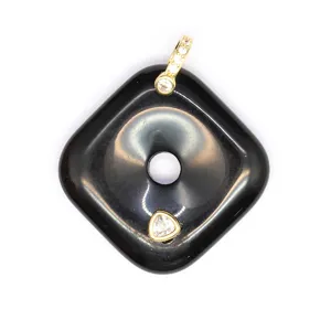 Elegant square black agate pendant featuring sparkling crystal zircon and gold-toned bail detail.