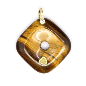 Natural Tiger Eye Stone Square Pendant Chinese Style Gold Inlaid Zircon Necklace Jewelry