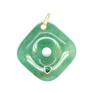 Green aventurine square safety buckle pendant with gold-tone cubic zirconia bail jewelry.