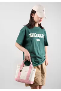 Women canvas tote bag, cute pink and white design, casual daily commuting handbag.