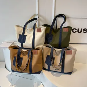 Κομψή υφασμάτινη τσάντα καμβά με denim patchwork, μεγάλη casual τσάντα για γυναίκες.