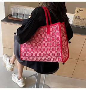 Red double happiness Chinese style tote bag large capacity woven wedding bridal shoulder bag
