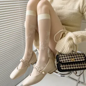 White lolita knee high socks sheer floral jacquard hosiery for women, spring summer.