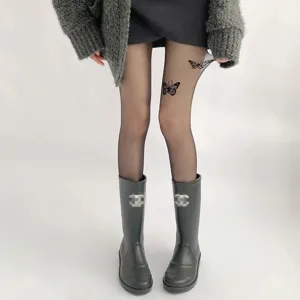 Women sheer pantyhose sexy black tights with cute butterfly print thin elastic hosiery for daily wear
