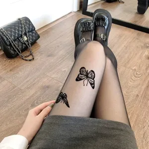 Sheer black pantyhose for women featuring elegant butterfly print, sexy and breathable.