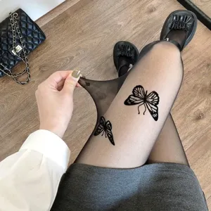 Sheer black pantyhose with elegant butterfly print, stretchy thin sexy tights for women.