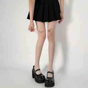 White butterfly print pantyhose for women, sweet and sexy y2k style sheer tights for spring.