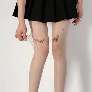 Sheer skin-colored pantyhose featuring cute butterfly prints and high elastic stretchable fabric.