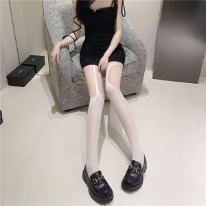 Femme Collant Blanc Creux Jarretelle Asymétrique Bas Été Sexy Mode Articles De Chaussetterie