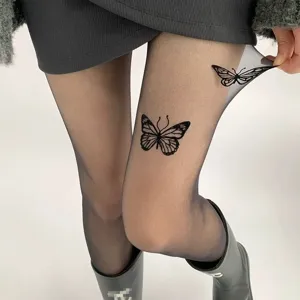 Sheer butterfly print hosiery for women, sexy y2k style sheer tights with delicate patterns.
