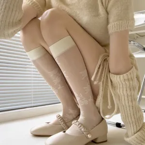 Japanese JK white sheer calf socks with elegant floral jacquard design, perfect for lolita style.