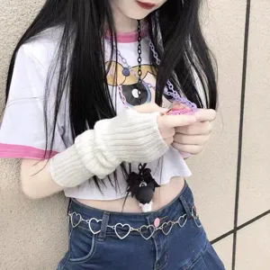 White knit fingerless arm warmers women fashion streetwear detail view stylish.