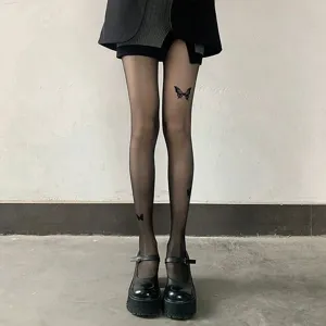 Women black sheer pantyhose with cute butterfly print sexy thin stockings for spring autumn outfit daily wear