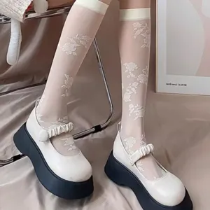 Japanese JK white calf socks thin see-through jacquard lolita hosiery for women fashion