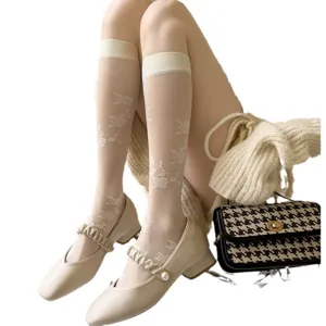 Japanese JK style sheer white knee-high socks with elegant rose pattern for sweet outfits.
