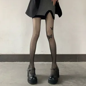 Sheer black pantyhose with delicate butterfly print, sexy thin tights for women, chic hosiery.