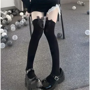 Black velvet over-the-knee thigh high socks with cute bows, perfect for Lolita and JK cosplay.