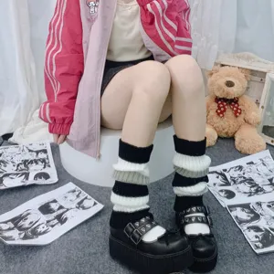 Black and white striped knit leg warmers for women Y2K style aesthetic winter warm socks.