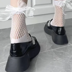 Sweet white fishnet short socks with large organza bows, perfect for JK and Lolita fashion.