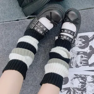 Black white grey striped knit leg warmers y2k harajuku lolita slouch socks boot covers