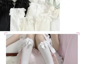 Japanische Lolita JK Uniform weiße schwarze Kniestrümpfe mit süßer Spitze und Schleife